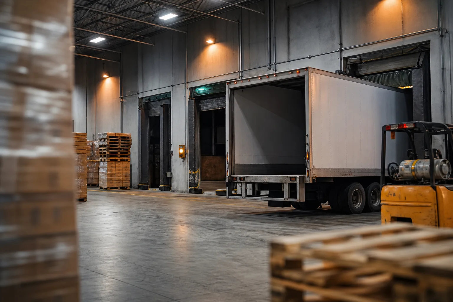 Trailer backed into a warehouse loading dock with pallets ready to load